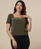 Square Neck Trim Detailed Khaki Top